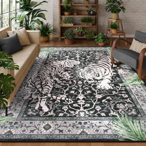 Moynesa Tiger 8x10 Area Rug, Washable Boho Rugs for Living Room, Vintage Large Soft Dining Room Rug, Non Slip Ultra Thin Stain Resistant Floor Carpet for Home Office Bedroom, Black