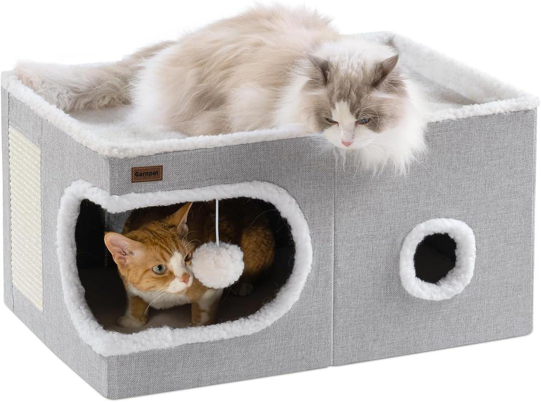 Cat Bed for Indoor Cats Cube House, Covered Cat Cave Beds & Furniture with Scratch Pad and Hideaway Tent, Cute Modern Cat Condo for Multi Small Pet Large Kitten Kitty, Large, Grey (23.6"D x 16.5"W x 13"H)