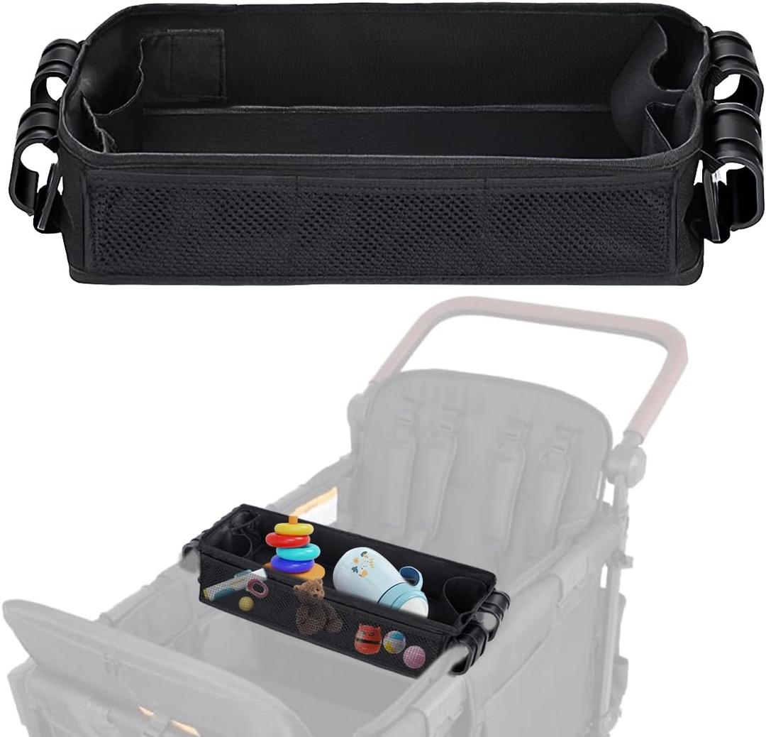 Stroller Snack Tray Compatible with Wonderfold Wagon - Upgraded with Extra Thick Base, Waterproof Faux Leather Sides & Side Mesh Pockets for Added Durability (W2 Series Thickened)