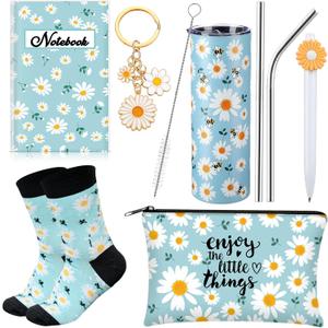 Panitay 6 Pcs Daisy Gifts Set for Women Daisy Flower Themed Stainless Steel Tumbler 20 Ounce with Straw and Brush Socks Cosmetic Bag Notebook Pen Keychain Party for Women Spring Birthday Supplies
