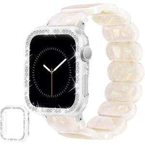 Stretchy Tortoise Resin Bracelet & Case Compatible with Apple Watch Band 40mm 38mm 41mm 42mm 44mm 45mm Women, Cute Lightweight Straps Fashion Elastic Wristbands for iWatch Series 9 8 7 6 5 4 3 2 1 SE (Ivory White)