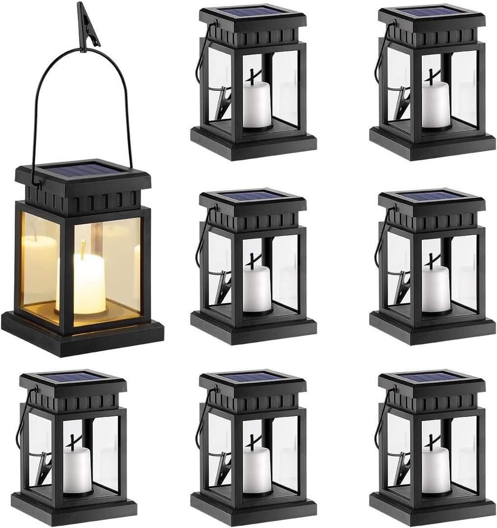 GIGALUMI 8 Pack Solar Hanging Lantern Outdoor, Candle Effect Light with Stakes for Garden, Patio, Lawn, Deck, Umbrella, Tent, Tree, Yard, Driveway-Warm White