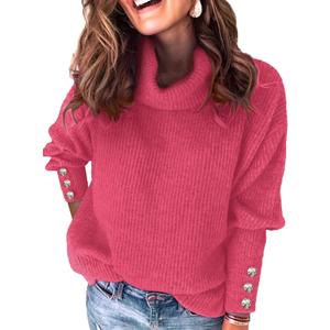 Libsorge Womens Oversized Turtleneck Sweaters Spring 2026 Lightweight Thin Ribbed Knit Button Cropped Pullover Top (Pink, L)