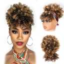 Drawstring Ponytail for Black Women, Afro Puff Kinky Curly Hair Ponytail Extension with Bangs Updo Natural Hair Ponytail (T27 Natural Black/Blond)