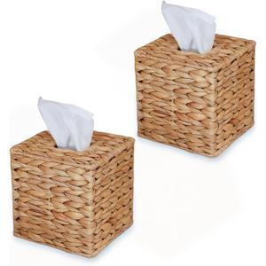 Set of 2 Water Hyacinth Handwoven Tissue Box Cover, Natural Handmade Wicker Napkin Box Holder, Handcrafted Square Facial Tissue, Rustic Decorative on Table and Bathroom, Office, Boho Decorative