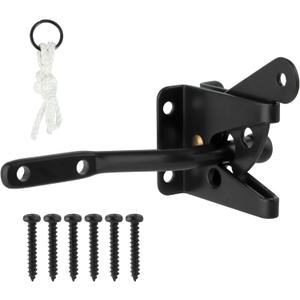 HILLMASTER Upgrade Self-Locking Gate Latch for Wooden Fence Heavy Duty, Automatic Gravity Lever Door Latches with Longer Fasteners & Pull String for Secure Pool, Garden, Black Finish/4.7in (1 Pack)