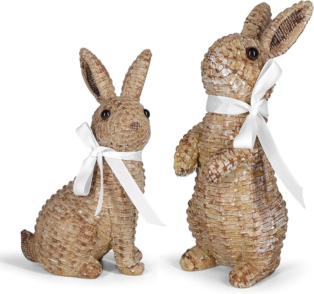 Rattan Effect Resin Bunny Easter Decor,Table Rabbit Easter Decorations,Spring Bunnies Decoration Statue Figurine for Home Farmhouse (Brown, Big-Pair)
