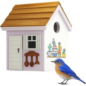 Vinyl Bird Houses for Outside, Composite Material Nest Box Shingle Roof,Water Proof Bird House for Outdoor, Squirrel Proof Hanging Birdhouse for Wren,Chickadee, 5Years Weatherable Bird Box (White)