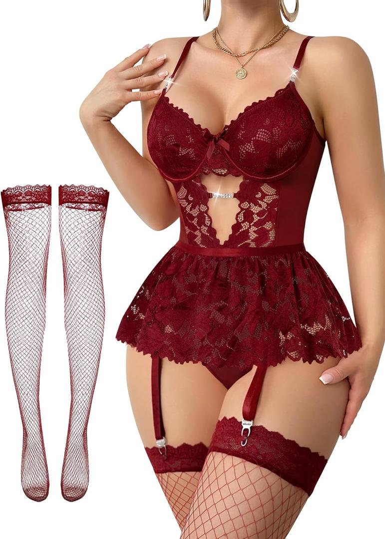 Lilosy Sexy Stocking Rhinestones Heart Garter Underwire Floral Mesh lace Sheer Babydoll Lingerie Teddy Bodysuit Skirt Set (Red, L)