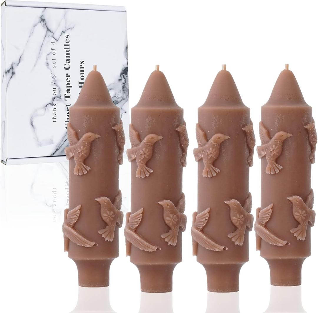 Hummingbird Short Taper Candle Brown CandleSticks Dripless Mini Tapered Candles for Christmas Home Decor 6 inch Set of 4,Brown