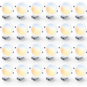 8 Inch LED Recessed Light, 5CCT, 1600LM, 18W, 24 Pack | 5%-100% Dimming, 2700K-5000K Selectable, 120V, Slim Canless Wafer Ceiling Downlight, Damp Rated, IC&ETL&FCC Certified