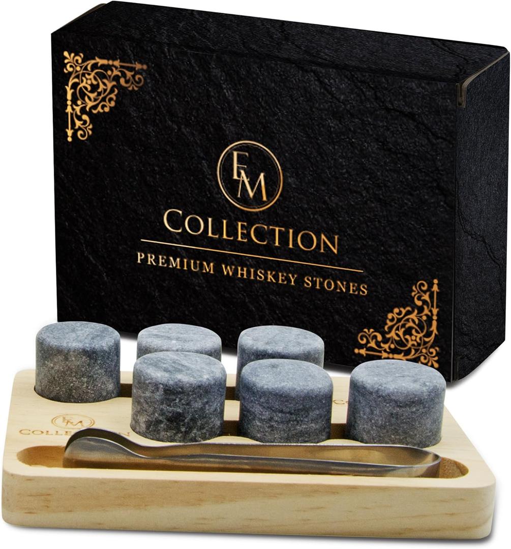 Whiskey Stones Gift Set of 6 with Wooden Storage Tray and Forceps: Chill Any Beverage Without Dilution. Round Granite Rocks Cool Cocktails and Scotch Better Than Ice.
