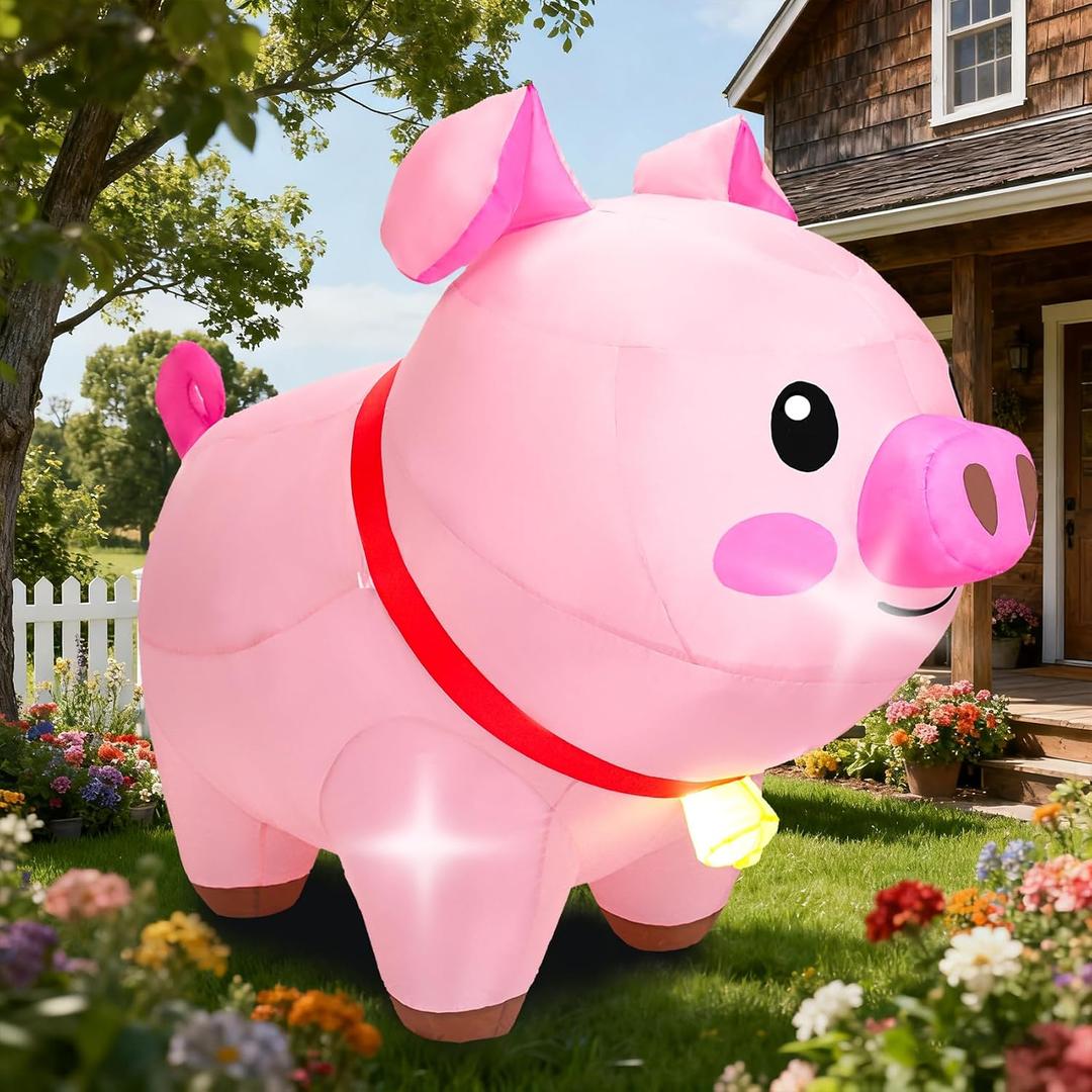 6FT Inflatable Pig Outdoor Decorations Blow Up Yard Decorations with LED Lights, Cute Pink Pig Inflatable for Holiday Garden Lawn Farm-Themed Party Dcor