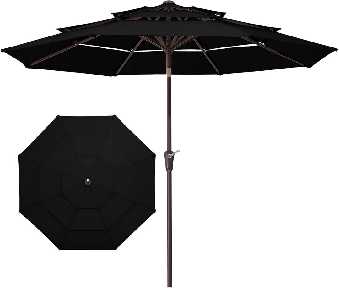 JEAREY 9FT 3 Tier Patio Umbrella Outdoor Market Umbrella Table Umbrellas with 8 Ribs 1.5 Pole Push Button Tilt and Crank UV Protection for Garden, Black