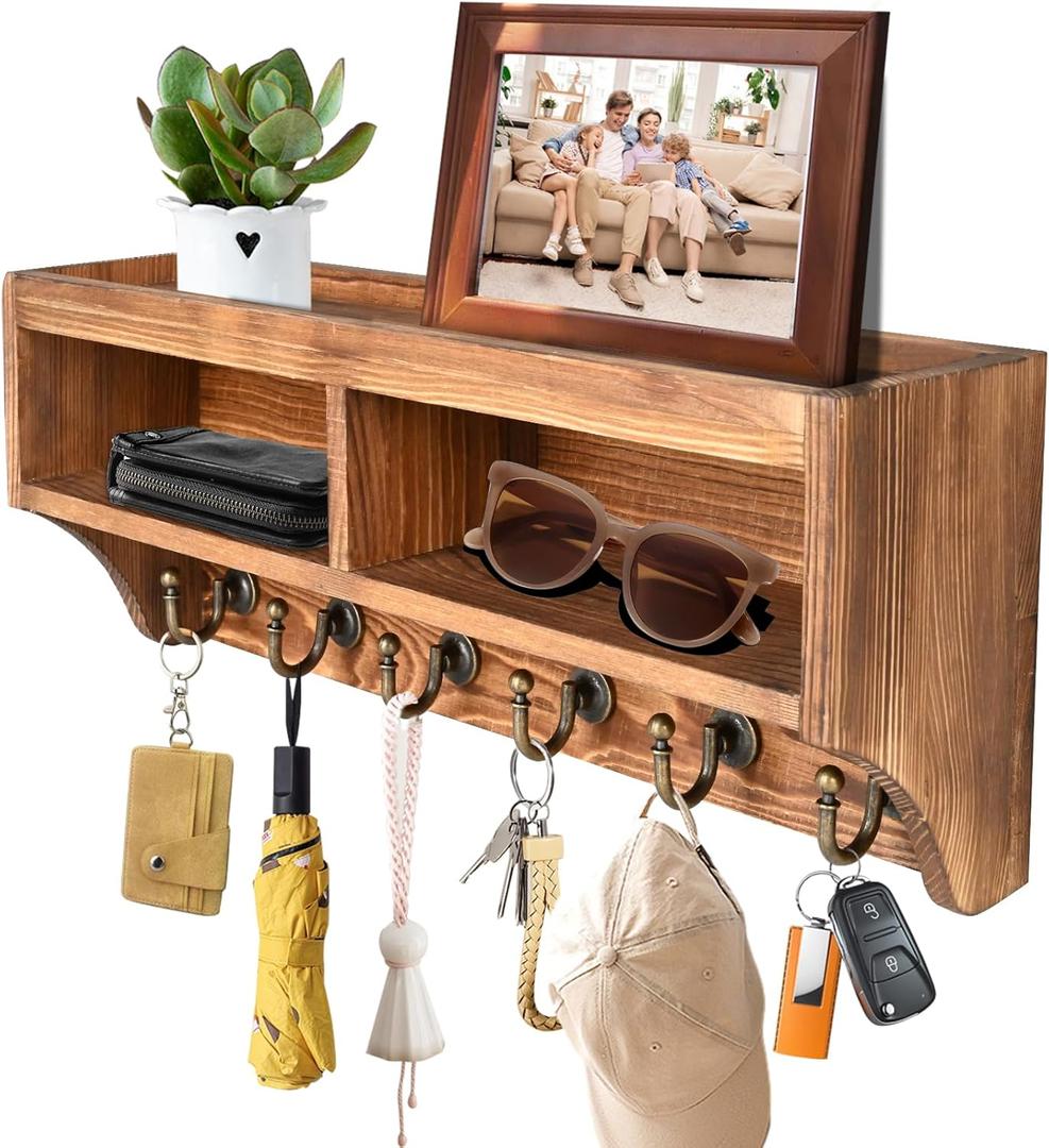 Key Holder Wall Mount - Mail Organizer Wall Mount with 6 Key Hooks and Storage Box for Sunglasses Storage and Dog Leash Holder Home Decor Rack Apartment Essentials Farmhouse Shelf Entryway Organizer (Brown)