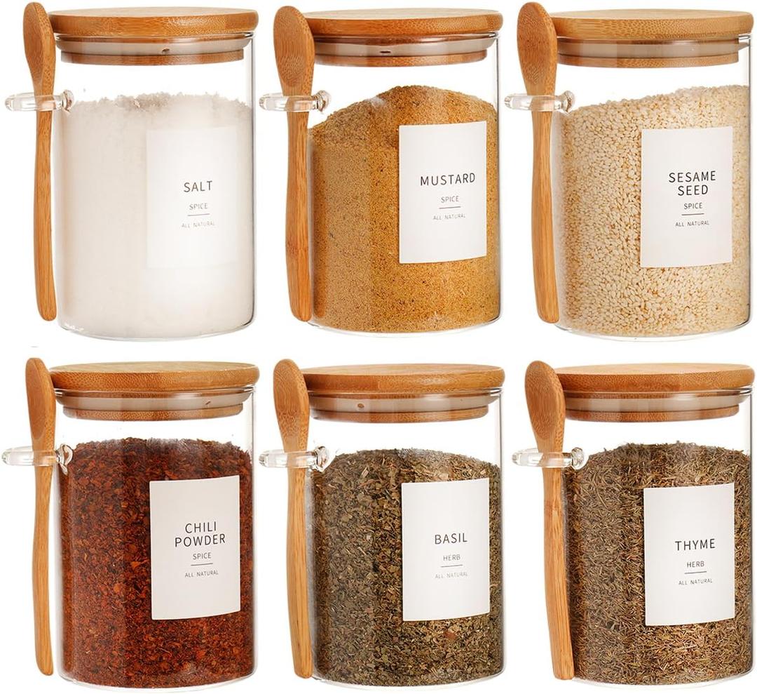HHMJSM 6 Pcs Glass Jar with Bamboo Lid and Spoon - 17 oz Large Sugar Container with 148 Kitchen Pantry Spice Jar Labels Preprinted - Glass Containers with Wooden Lids Hold Coffee, Tea, Candy