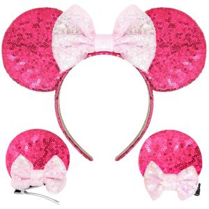 Mouse Ears Bow Sequin Headbands and Clips, Hot Pink, for Girls Women Adult Kids, Hair Accessory for Birthday Christmas Party Cosplay