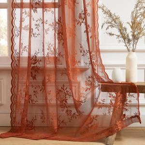 Rust Lace Curtains 72 Inch Length Autumn Country Rustic Floral Curtains for Living Room Bedroom Rod Pocket Light Filtering Lace Window Curtain 2 Panels Set for Halloween Fall Decor, 52x72, Terracotta