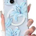 NITITOP Compatible with iPhone 15 Case Clear Magnetic Compatible with MagSafe Cute Lily Flowers Floral for Women Girls Hard PC Back Shockproof Protective Phone Cover - Blue