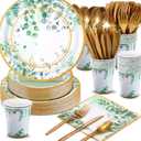 350 Pcs Tea Party Supplies Spring Summer Sage Green Tableware Set Disposable Plates Napkins Paper Cups Plastic Cutlery Set for Birthday Bridal Baby Shower Serves 50