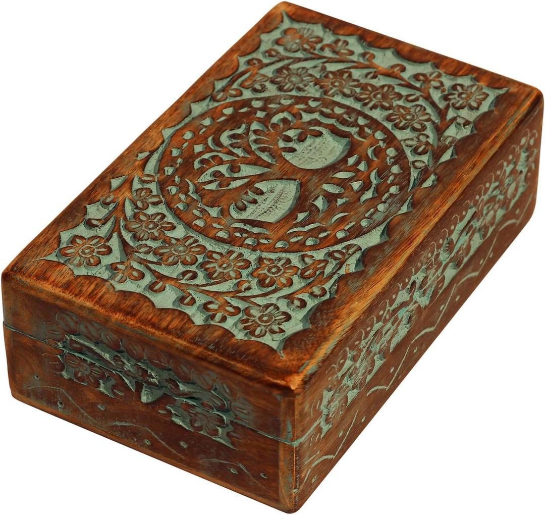 ETROVES Carved Wooden Box - Decorative Memory Storage Wood Case Single Compartment for Women and Men Jewelry - Vintage Trinket Box, 8 Inch, Turquoise (Tree of life.)