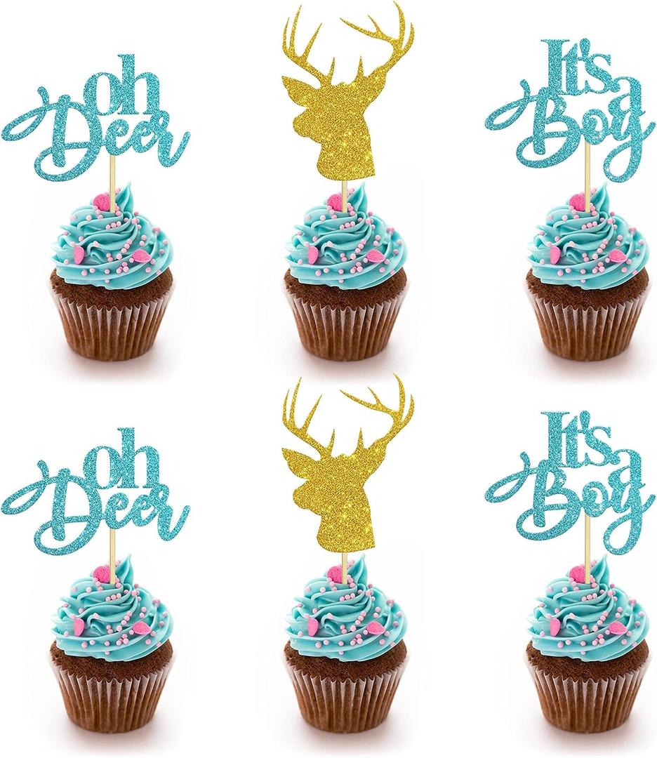 24 PCS Blue Glitter Oh Deer It's A Boy Cupcake Toppers for Gender Reveal Party/Buck or Doe Sign Baby Shower Party Decor/Baby Birthday Party Decorations/Boy Birthday Party Supplies