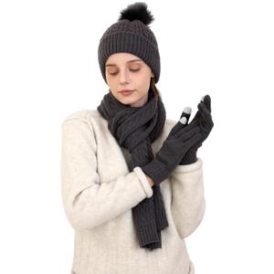 Double Couple 3pcs Winter Women scarf and hat and Touch Screen Gloves Set for Women Knit Hat with Faux Fur Ball Scarves Glove (Dark Gray)