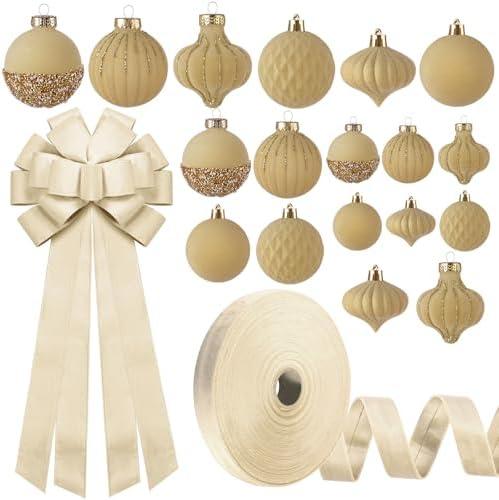 Motionchic 20 Pcs Velvet Christmas Ornaments Set Champagne Flocked Ball Hanging Shatterproof Ornaments Velvet Large Tree Topper Ribbon Bow Xmas Flocked Ribbon for Xmas Tree Home Decorations