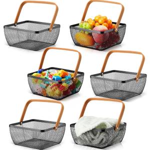 6 Pcs Metal Mesh Steel Basket with Handle Small Shopping Baskets Square Wire Harvest Storage for Kitchen Storage Garden Picnic Bathroom Organizing, 8.46 x 8.46 x 4.13 Inch(Black)