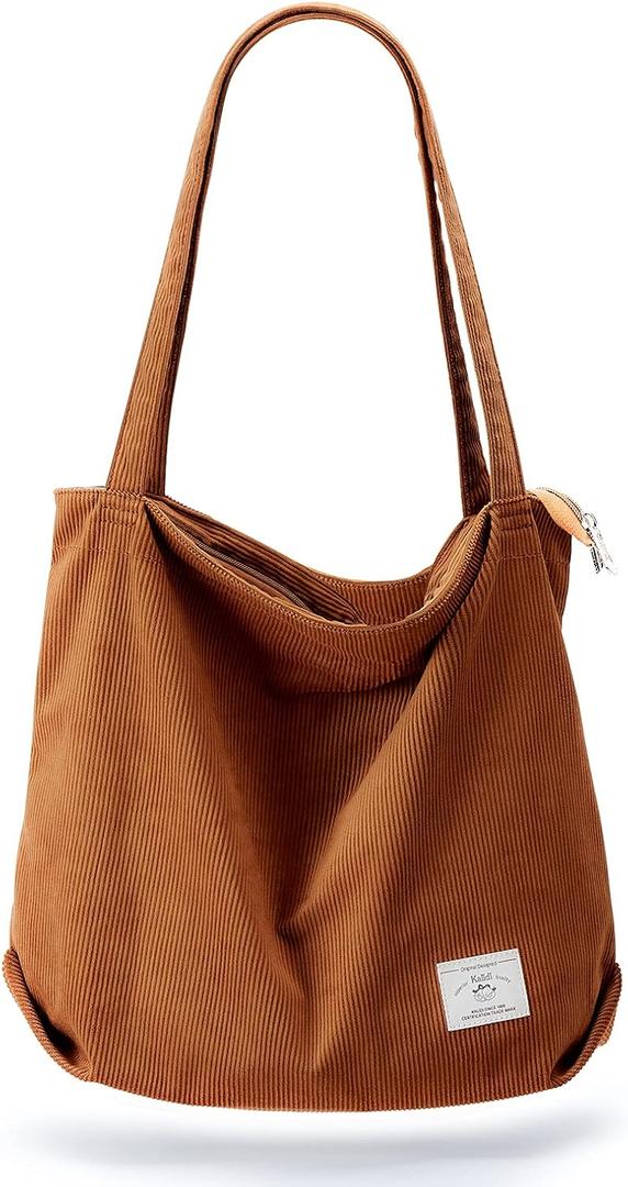 KALIDI Women Corduroy Tote Bag Zipper Casual Tote's Handbag Big Capacity Shoulder Bag with Pockets (Brown)