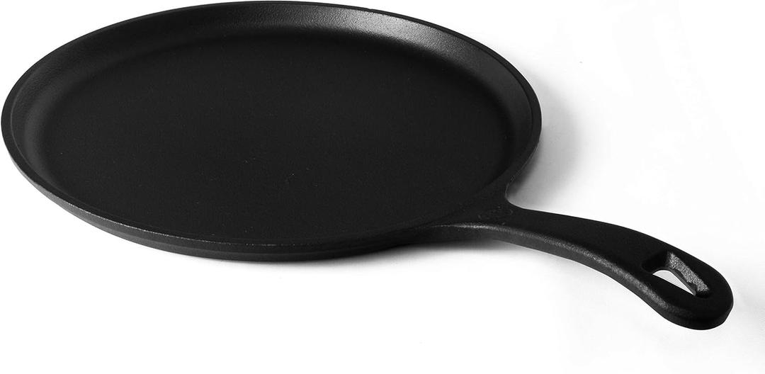 Commercial CHEF 10.5-Inch Cast Iron Round Griddle, Pre-Seasoned Cast Iron, Integrated Hanging Hole in Handle, Works on All Cooktops Including Induction, Outdoor Skillet for Campfires, CHFL911