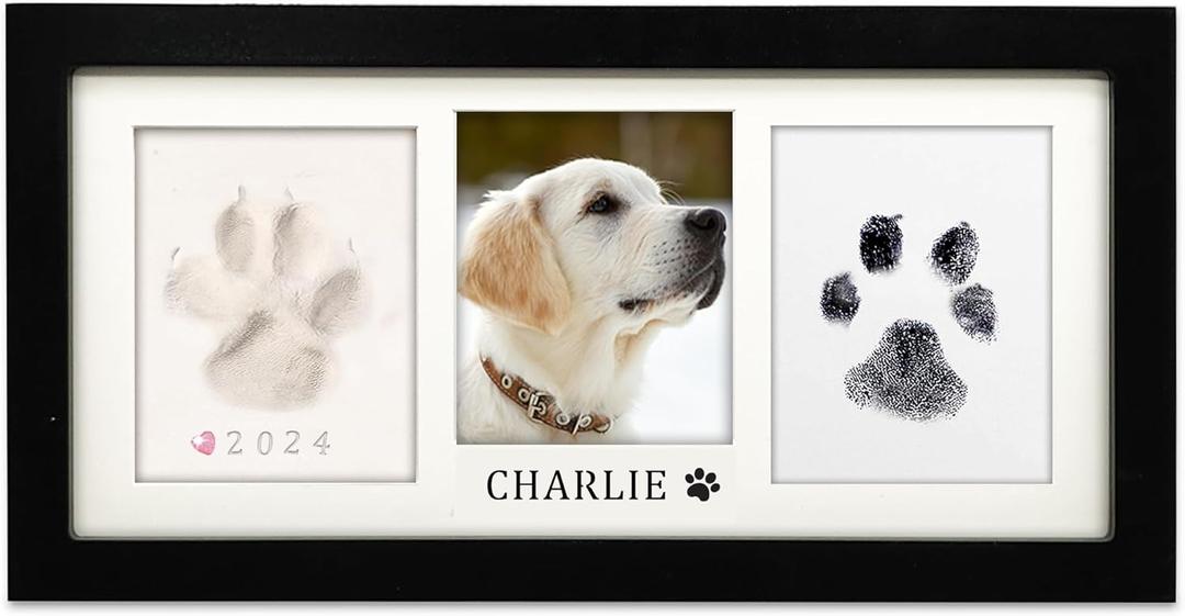 MYPAWLETS Paw Print Frame Kit, Dog/Cat Paw Print Kit, Soft Pawprint Clay & Clean Touch Ink Pad, Pet Paw Print Impression Kit with Customization Tool, Wooden Pet Memorial Frame, DIY Dog Lover Gifts-Black