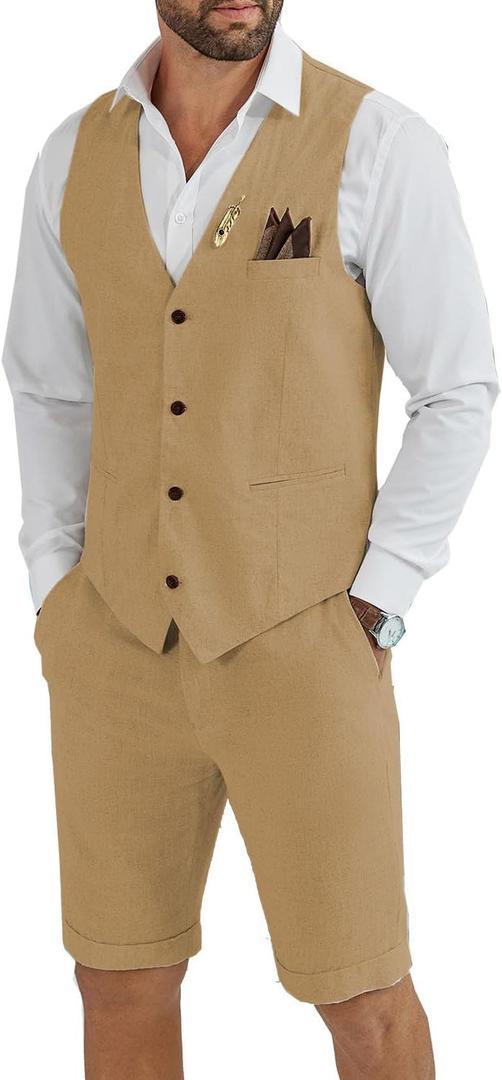 Men's Linen 2 Piece Suit Slim Fit Wedding Groom Groomsmen Summer Vest Shorts Set, L
