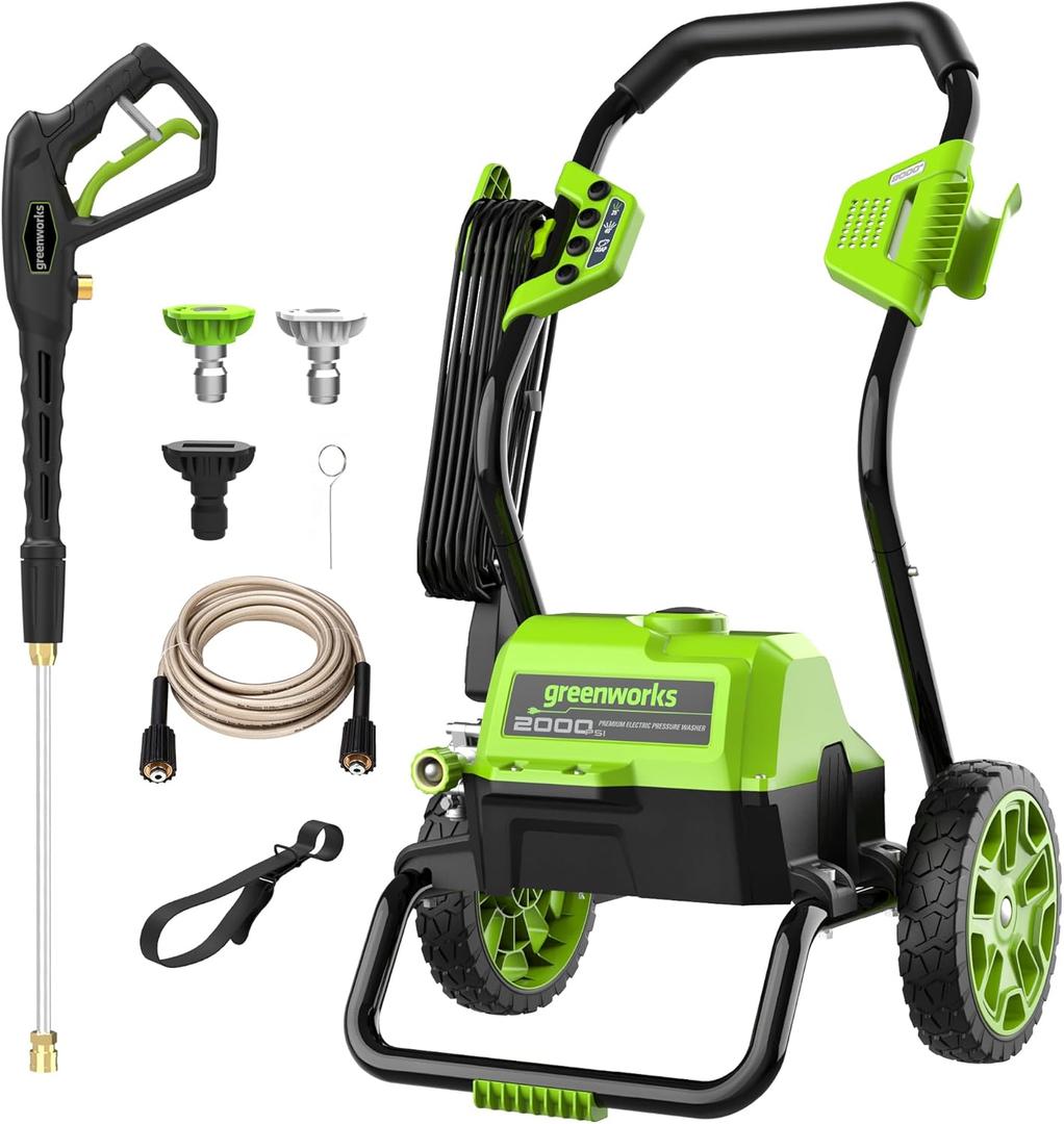 Greenworks 2000 Max PSI @ 1.1 GPM (13 Amp) Electric Pressure Washer (Black Frame) PWMA Certified, Green