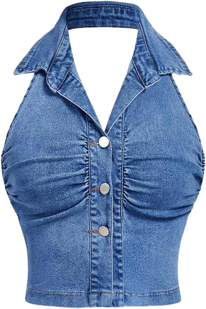 Milumia Women's Ruched Button Front Denim Halter Tops Sleeveless Collar Neck Summer Crop Jean Top (Deep Blue)