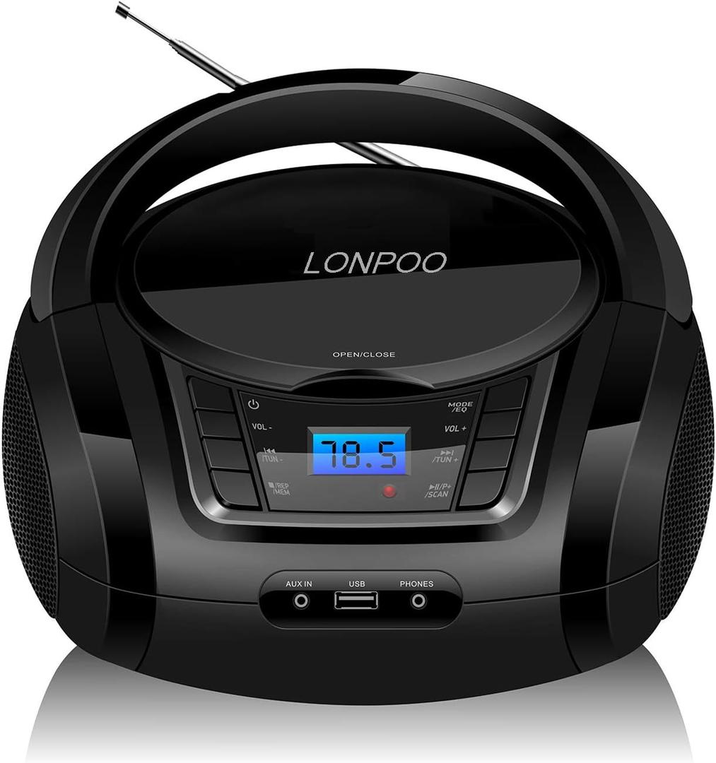LONPOO CD Player Portable Boombox with FM Radio/USB/Bluetooth/AUX Input and Earphone Jack Output, Stereo Sound Speaker & Audio Player,Black