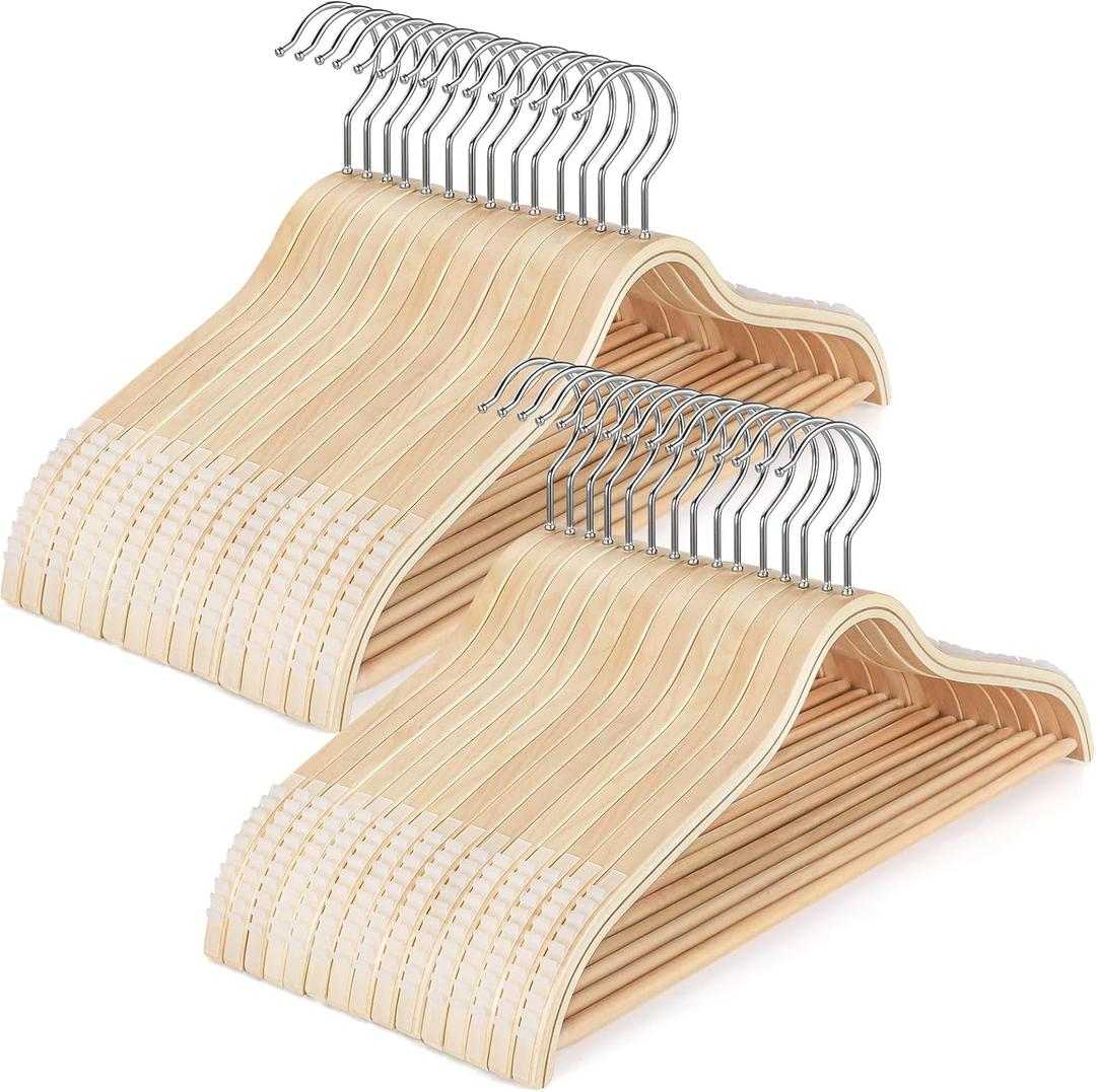 TOPIA HANGER Sleek Wooden Hangers with Non-Slip Rubber Grips, Sweater Hangers No Shoulder Bump, Lightweight Clothes Hangers 30-Pack, 360 Swivel Hook and Pants Bar-CT63N30