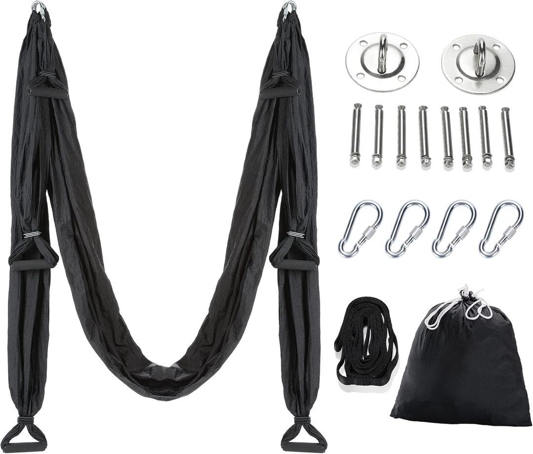 ZELUS Aerial Yoga Swing Sling Strong Yoga Hammock Kit Set Trapeze Inversion Equipment Include 2 Extensions Straps and Ceiling Mounting Kit (Black)
