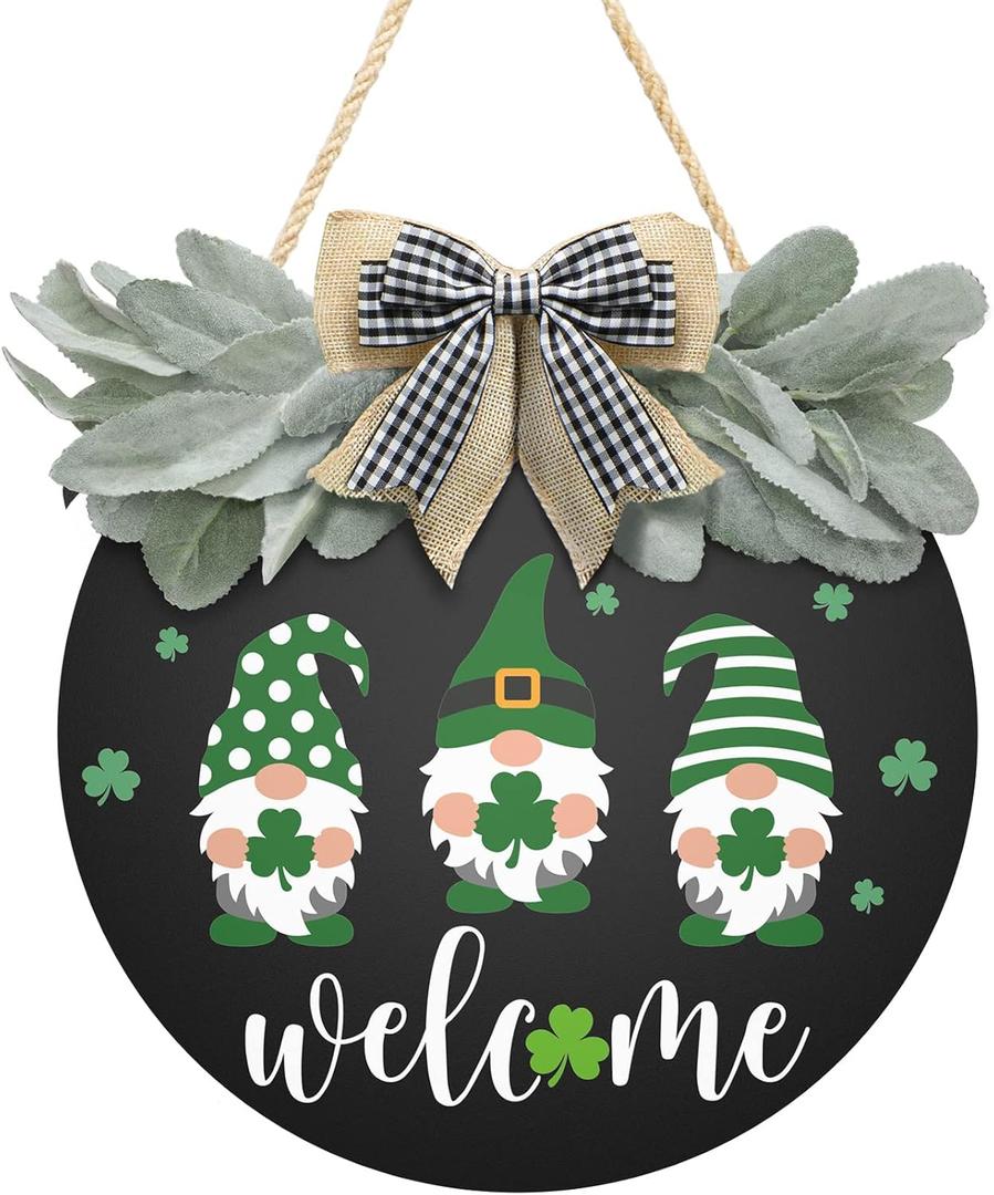 St Patrick's Day Welcome Sign Wreath For Front Door Decor Shamrock Hanging Door Sign Gnomes Pattern With Greenery & Bow Wooden Round St Patricks Day Decoration For The Home Farmhouse Decor 12x12 Inch (Black)
