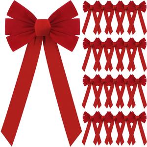 24 Pcs Large Red Velvet Christmas Bow Wreath Bow Tree Topper Ornament Bow for Garland, Indoor Outdoor Holiday Decorations (10 x 20 Inches)