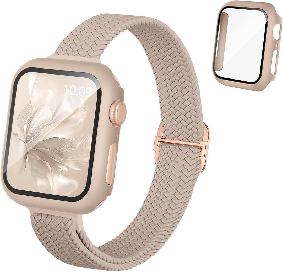 Slim Braided Stretchy Band and Case Compatible for Apple Watch Bands Women 40mm 41mm 42mm 44mm 45mm 46mm, Thin Nylon Solo Loop Protective Cover and Screen Protector for iWatch Series 11/10/9/8/7/6/5/4