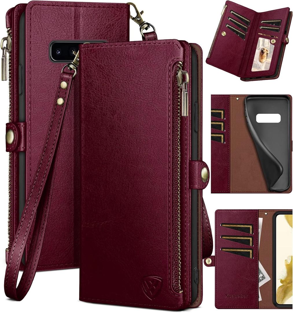 XcaseBar for Samsung Galaxy S10 Wallet case with Zipper Credit Card HolderRFID Blocking, Flip Folio Book PU Leather Phone case Shockproof Cover Women Men for Samsung S10 case Red