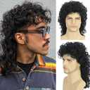 Curly Mullet Wigs for Men 80s Black Long Curly Wigs Hippie Rocking 80s Party Cosplay Costume Anime Heat Resistant Synthetic Hair Wig 70's Wig
