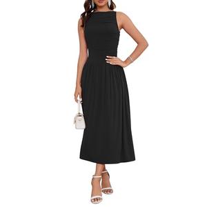LUNAMODA 2026 Summer Formal Dresses for Women Casual Ruched Maxi Dress Sleeveless Drop Waist Boat Neck Long Flowy Sundress Black, Medium