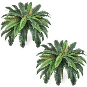 34" Fake Ferns, Set of 2 Artificial Ferns for Outdoors Large, Artificial Boston Ferns with 42 Fronds for Garden Porch Home Spring Decor
