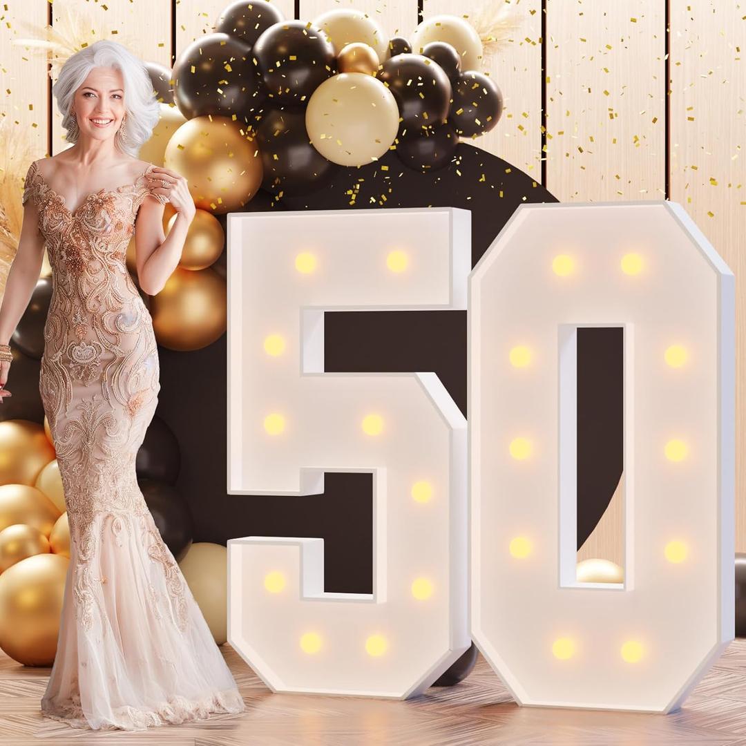 Marquee Numbers 4FT, Number 50 Light Up Sign Marquee Numbers 4 Feet Tall, Large 50 Light Up Number for 50th Birthday Party Decorations Nmero Pack of 2