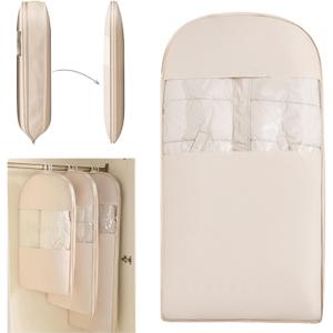 Space Saving Hanging Compression Garment Bag with Zipper for Closet Storage, Hanging Clothes Storage Bag, Garment Covers for Coats and Down Jackets, Beige, L