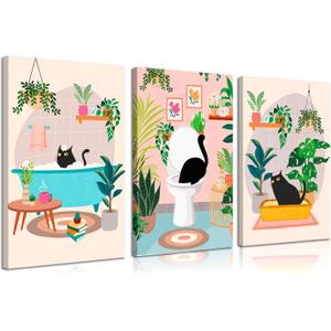 3pcs Black Cat Bathroom Canvas Wall Art Funny Cute Vintage Cats Wall Decor Pictures Green Plants Black Cat Posters Prints for Bathroom Toilet Decoration Ready To Hang, 12x16in