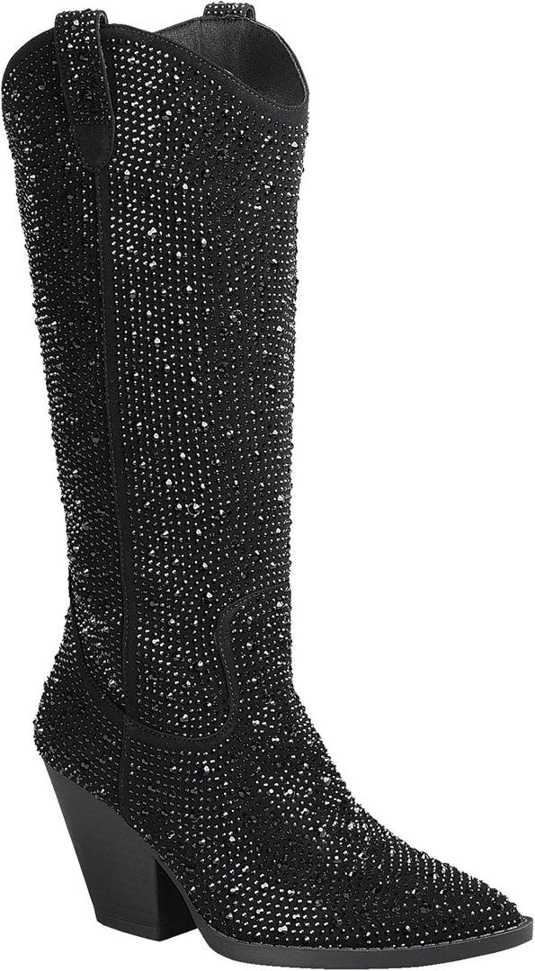 Women's Rhinestones Cowboy Knee High Boots River 11 Black Rhinestone 7