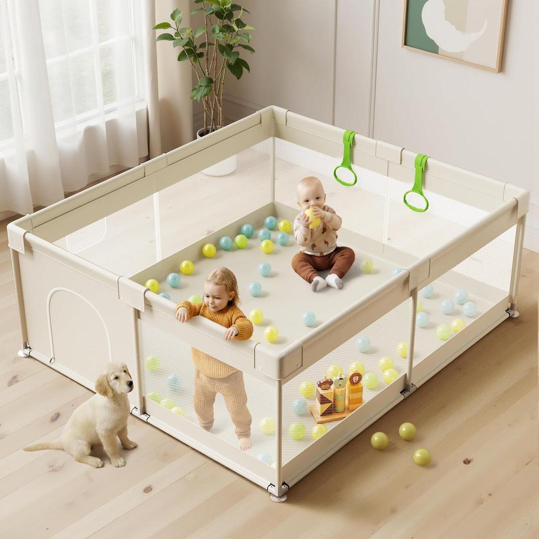 Uanlauo Beige Large Baby Playpen - 69x59in Playpen for Babies and Toddlers, Safe Indoor Play Pen, Baby Pen with Storage Bag and Breathable Mesh
